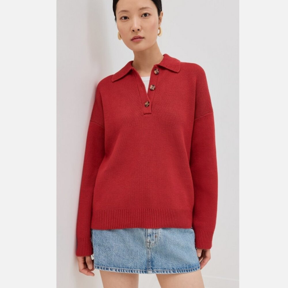 Reformation Red Brooklyn Polo Sweater Organic Cotton Sweater L NWT Anthropologie - Picture 6 of 9